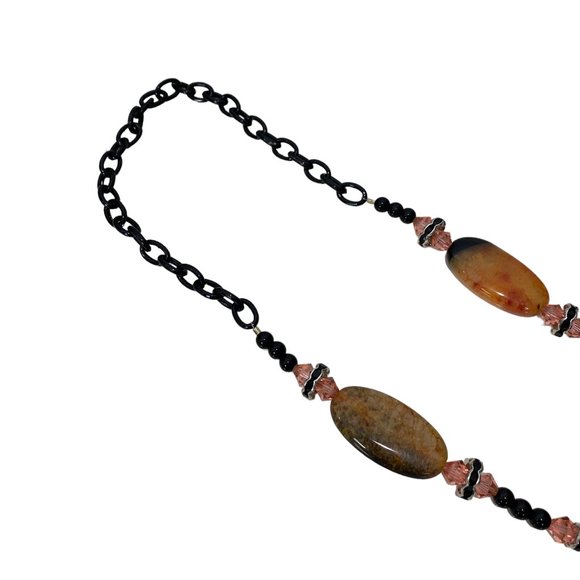 (4-111) NWOT Black & Orange Druzy Agate Long Necklace - One of a Kind - Handmade - Picture 5 of 9